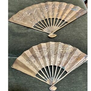 Vintage Brass Fans‎ Set of Two Embossed Dragon Phoenix Floral Taiwan